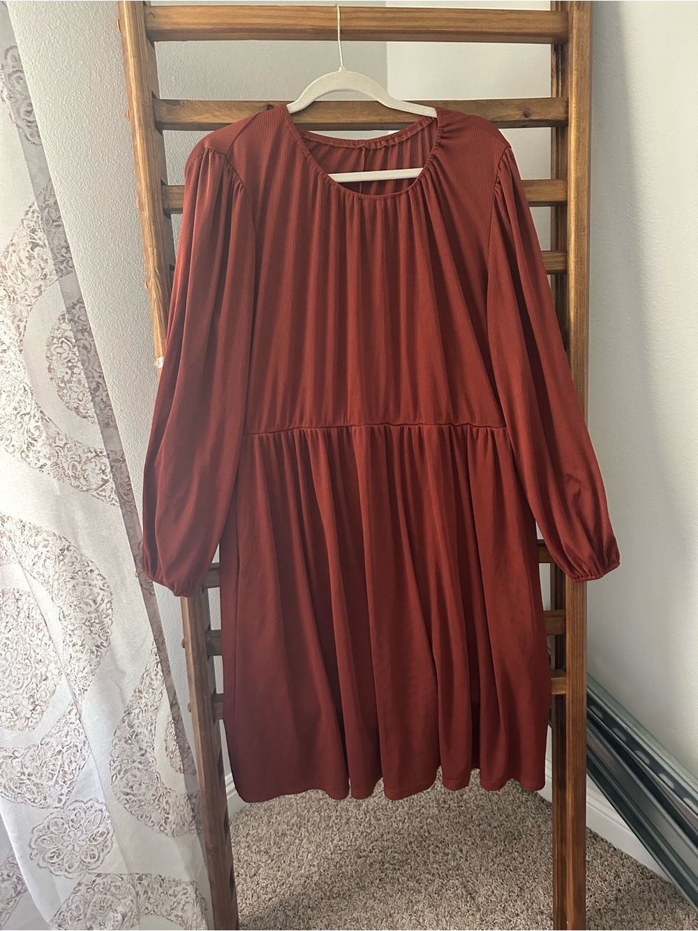 SHEIN Rust Red Long Sleeve Midi Dress
